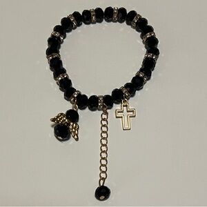 Black Beaded Bracelet with Gold Charms